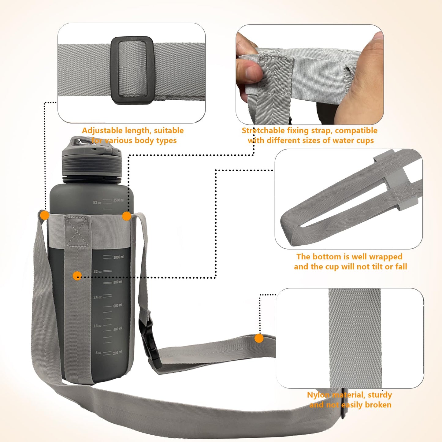SZSUYAD Water Bottle strap,Simple&Adjustable Crossbody strap (gray28-52oz)