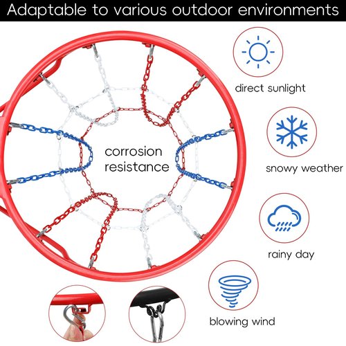 Basketball Net Replacement Heavy Duty, Carbon Steel Chain Basketball Net, Anti-Rust Use Indoor Outdoor Standard 12-Ring Basketball Hoop, Quick Installation