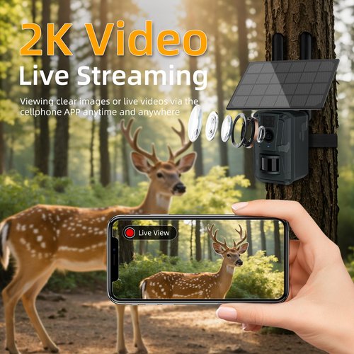 Trail Camera with Night Vision Game Cameras : 4G Cellular Trail Cam with Motion Activated Waterproof - Wildlife Camera with Solar Panel for Outdoor Deer Monitoring and Property Security with 32GB Card