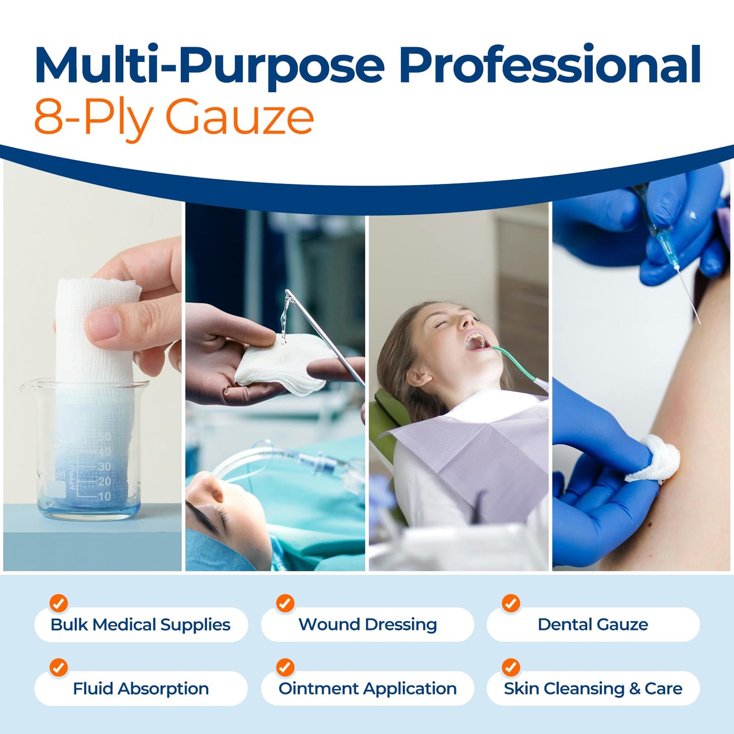 200 Pack 4x4 Inch Gauze Sponges 8-Ply, 100% Cotton Large Gauze Pads for Wound Care, Highly Absorbent Bulk Hospital-Grade First Aid & Surgical Dressing