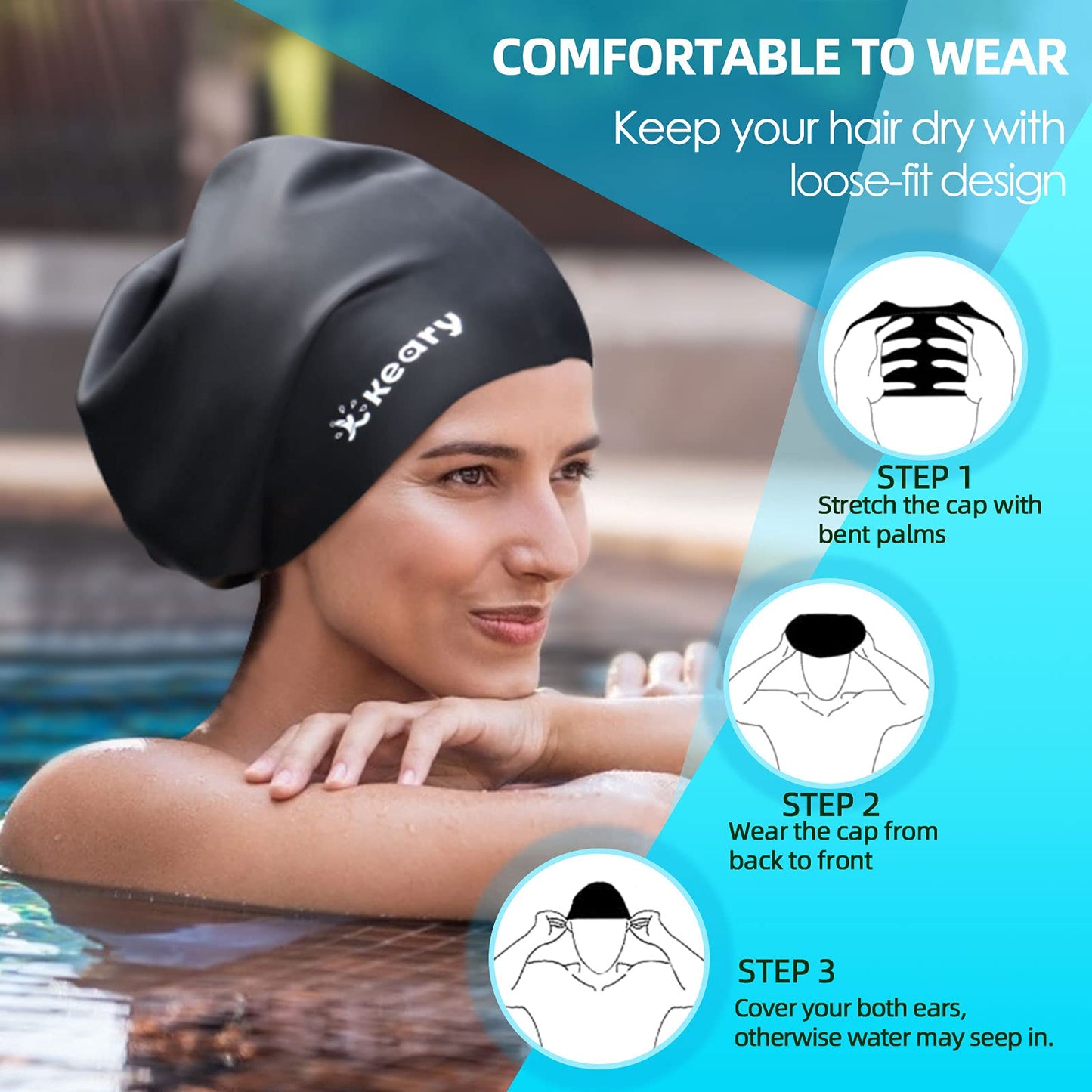 Extra Large Swim Cap for Braids and Dreadlocks Afro Hair Weaves Long Hair, Waterproof Silicone Cover Ear Bath Pool Shower Swimming Cap for Women Men Youth Adult Kids Girl to Keep Hair Dry, Black
