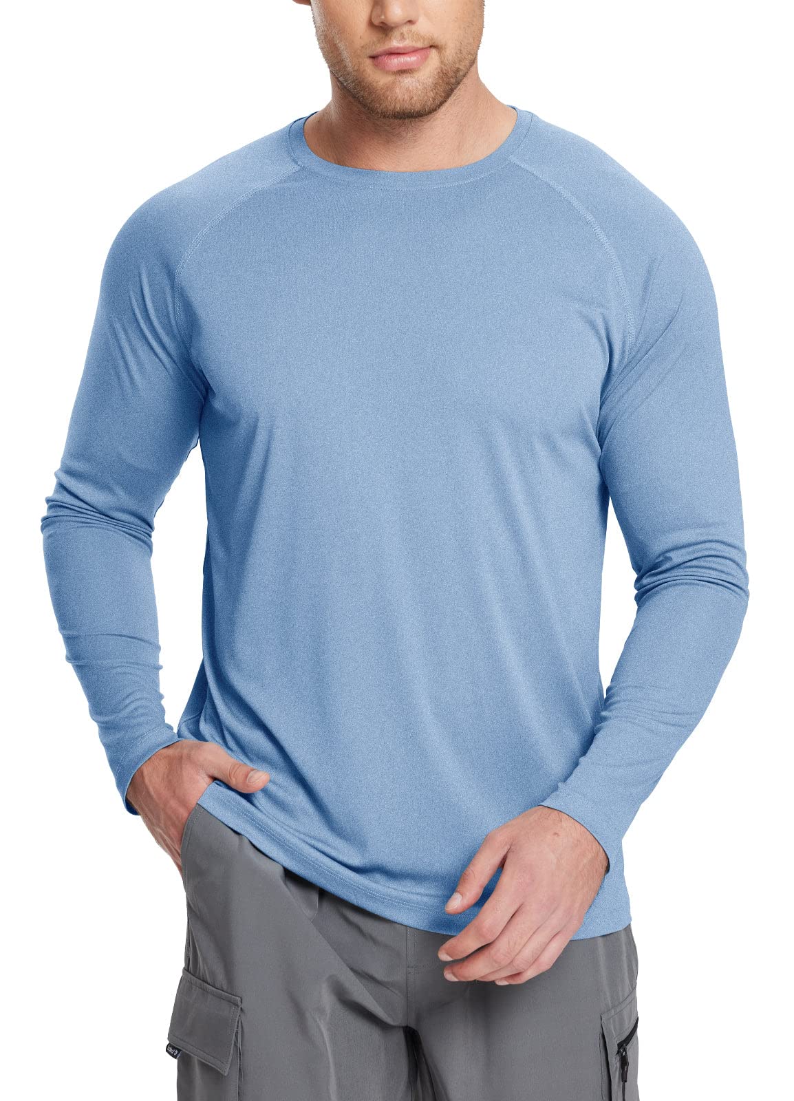 baleaf Men's Long Sleeve Running Shirts Workout Tops Quick Dry SPF Rash Guard Lightweight Hiking Sun Protection t Shirt Blue L