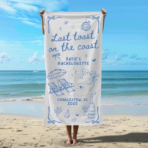 Custom Bachelorette Beach Towel for Men for Women, Trendy, Gift Personalized Last Toast on The Coast Towel, Girls Weekend or Coastal Party Favor for Bride Crew