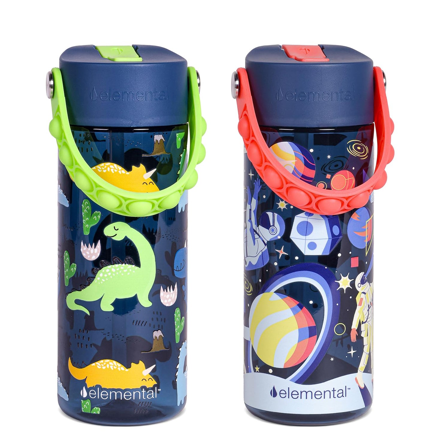 Elemental Leak Proof Water Bottles for Kids - Splash Kids Water Bottle for School with Pop-it Handle - Tritan Plastic Water Bottle with Straw - Space & Dinosaur - 18oz (2 Pack)