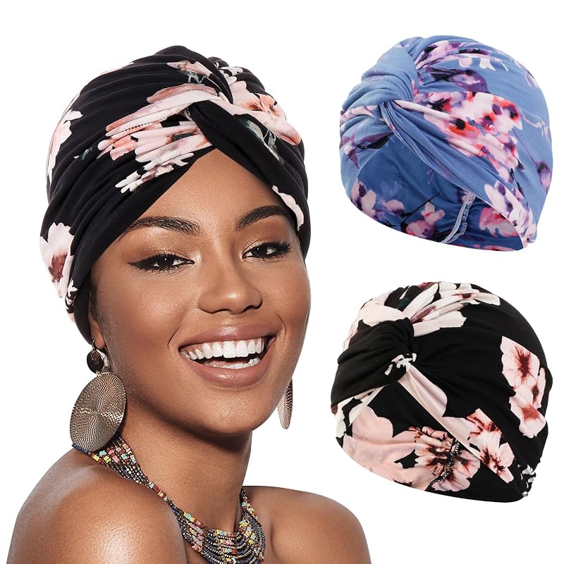 Two-Piece Printed Turban Head Wrap Set for Women - Pre-Tied Knot Chemo Headwear (Black, Blue Floral)