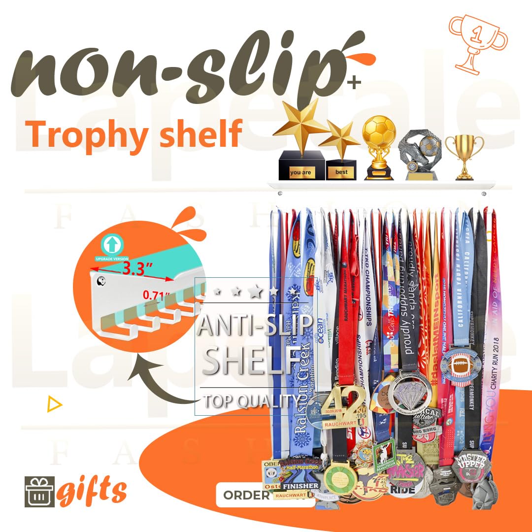 Lapetale Fashion Non-Slip Trophy Shelf - 16 Inch Medal Hanger Display for Wall with Upgraded Shelves for Trophies, Gymnastics, Soccer, Swim
