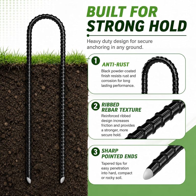 12 Pack 12-Inch U-Shaped Ground Stakes (8mm Steel) for Trampolines, Black Variation