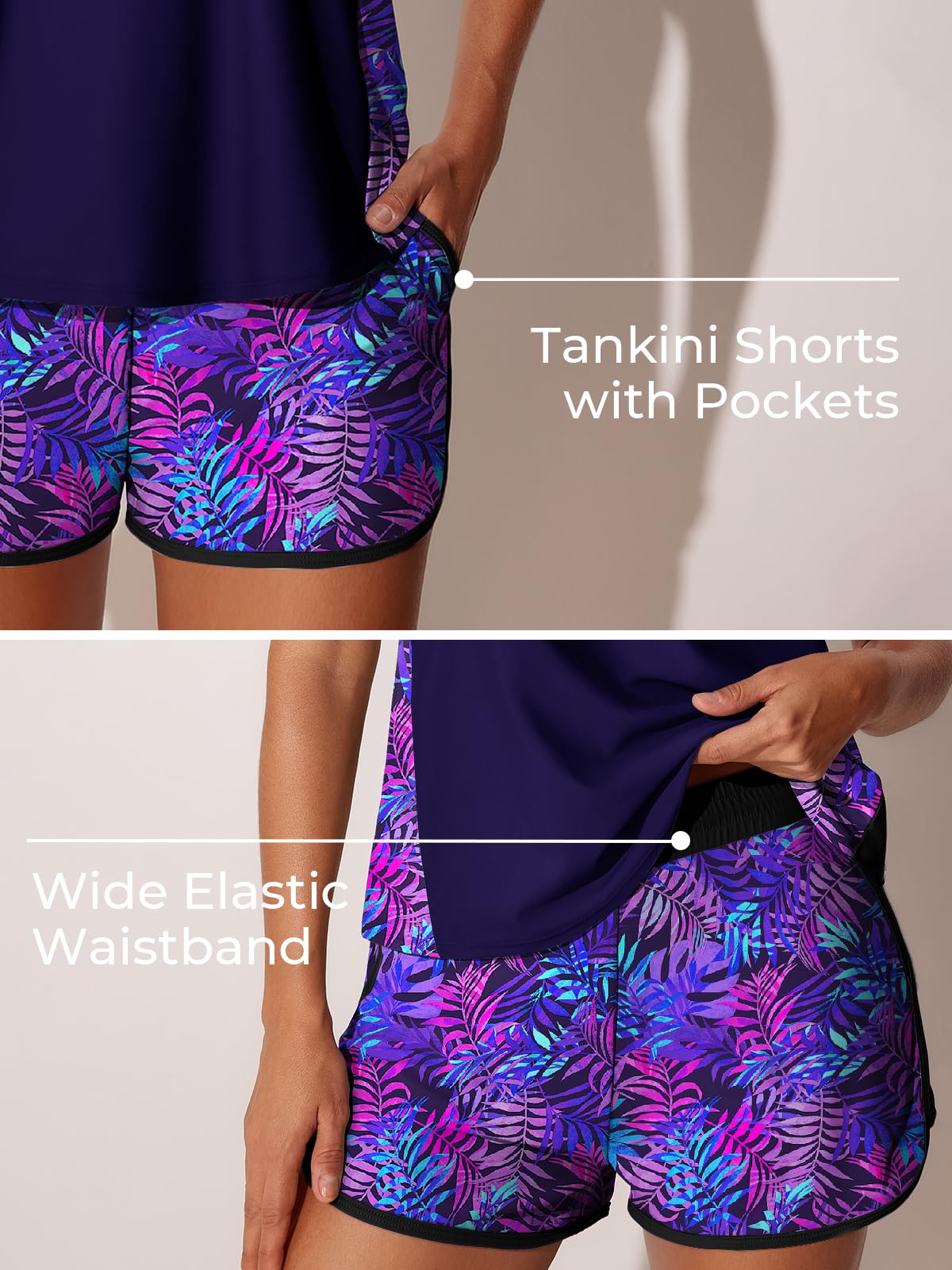 Summer Mae Plus Size Tankini Swimsuits for Women 2026 Tummy Control Two Piece Bathing Suits with Pockets Swim Shorts Purple Leaf Shadows Size 26 Plus