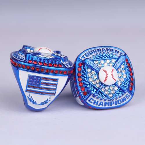 TOPSPORTSJEWELRY 2 pcs, 12 pcs Pack Baseball Tournament Blue Championship Ring Trophy on Side Size 9 (12, Finalist Ring)