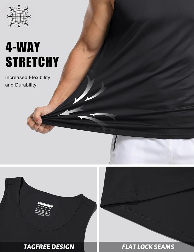 MagcomsEN Men's UPF 50+ Quick-Dry Tank Top - Sleeveless Workout Muscle Shirt | Black, Small