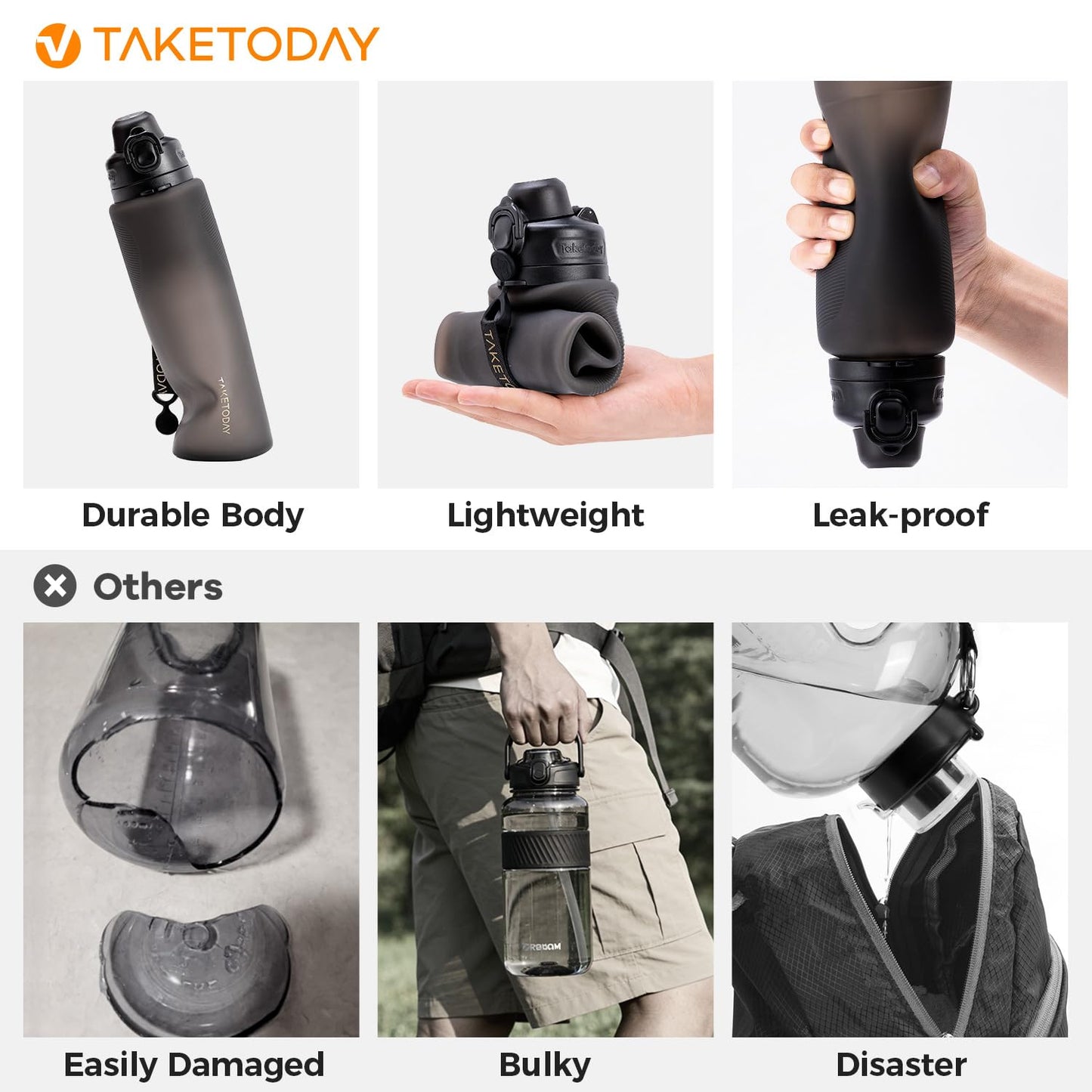 TakeToday Collapsible Water Bottles 32oz, Foldable Travel Bottle, TSA-Approved Leakproof Newly Silicone Water Bottle for Hiking, Travel, Outdoors, Black