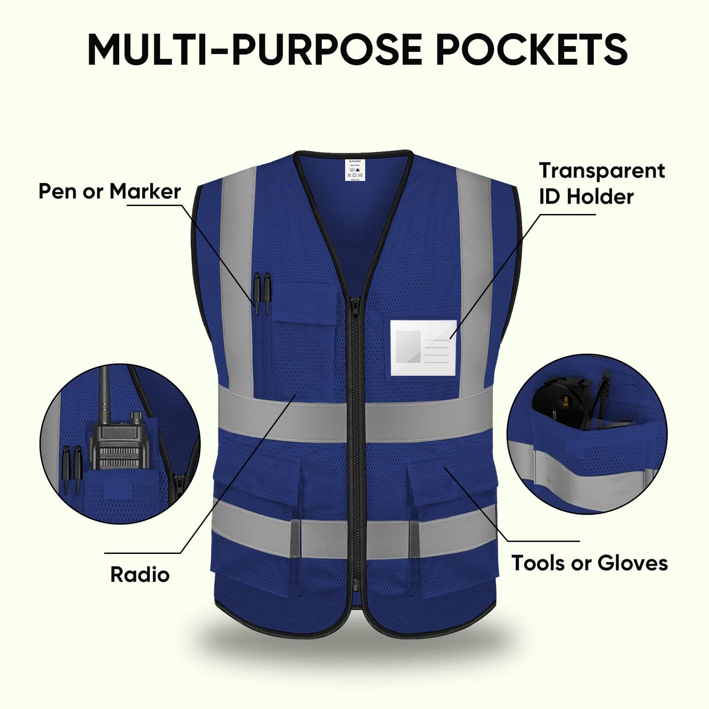 TICONN Reflective Safety Vest High Visibility Class II Mesh Vest for Women & Men Meets ANSI Standards (1PK, Blue, 2XL)