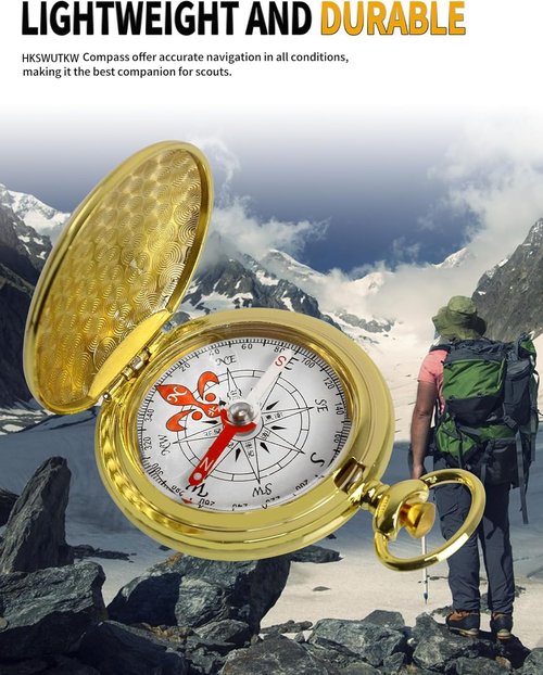HKSWUTKW Brass Waterproof Golden Keychain Compass - Vintage Antique Design for Kids, Boy Scouts & Hiking - Survival Orienteering & Navigation Gear