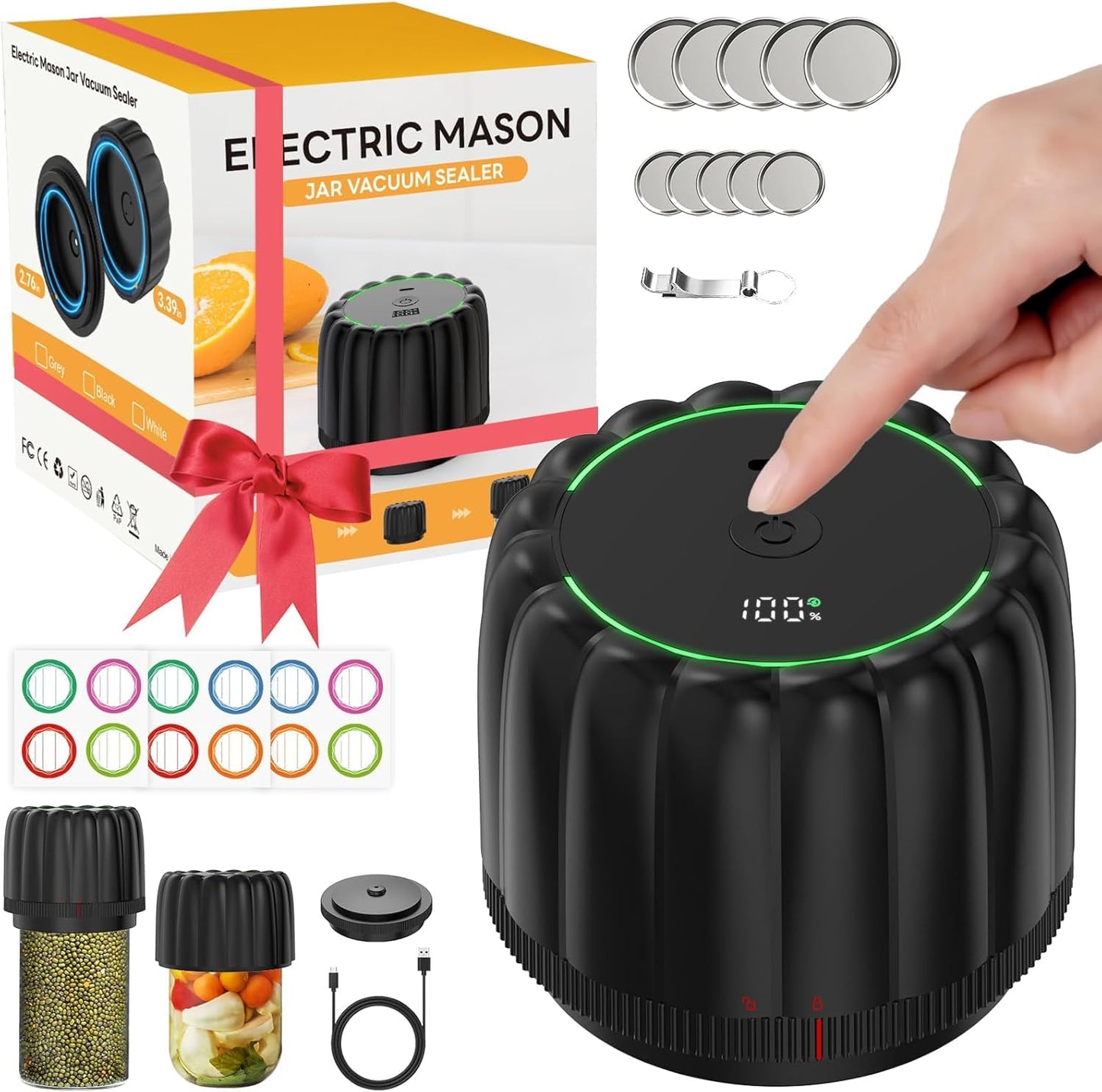Bunyta Electric Mason Jar Vacuum Sealer Kit - Portable Jar Vacuum Sealer for Canning Jars, with Wide and Regular Mouth Mason Lids
