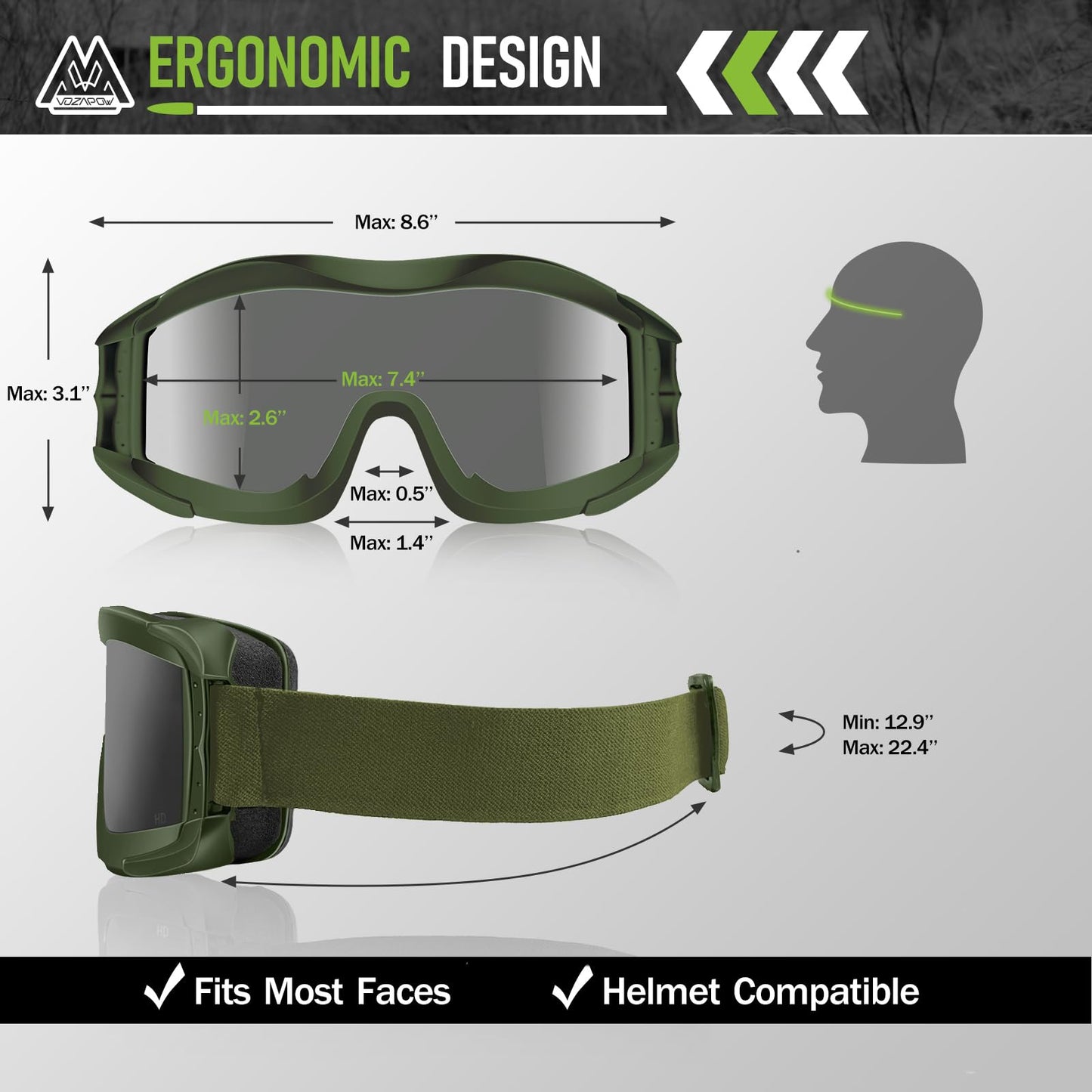 VOZAPOW Airsoft Goggles Anti Fog, Tactical Safety Goggles ANSI Z87+ Rating