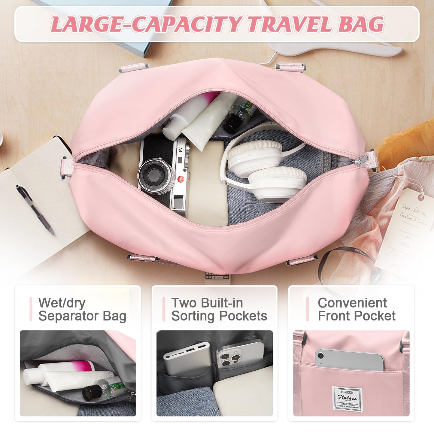 Womens travel bags, weekender carry on for women, sports Gym Bag, workout duffel bag, overnight shoulder Bag fit 15.6 inch Laptop Pink Large