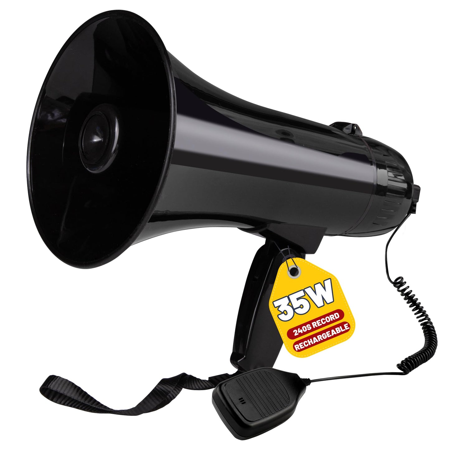 MyMealivos 35W Rechargeable Megaphone Speaker Built in 240s Recording & Siren-10.4"×6.3" Bullhorn Up to 980ft Voice Range with Wrist Strap and Detachable MIC(Black)