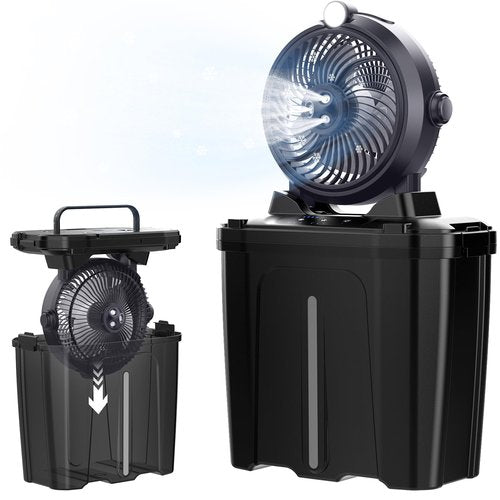 ROWXubau Portable Misting Fan with 11L Large Bucket for Outdoor Patios, 20000mAh Battery Operated Camping Fan with Hanging & Lighting, 3 Speed & 3 Spray Outlets, Rechargeable Fans for Fishing Garden