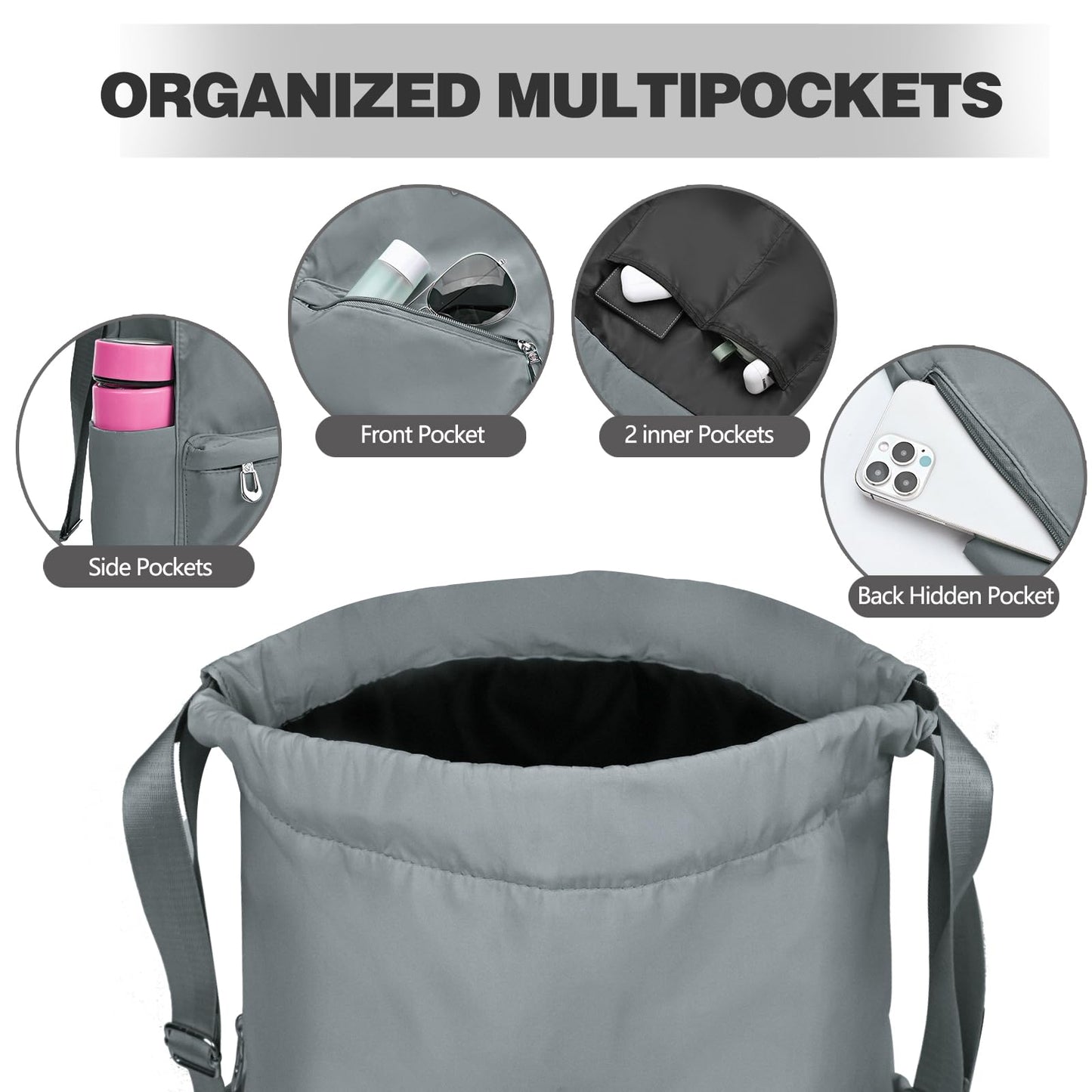BAVELOE Drawstring Backpack with Wet Pocket Gym Backpack Water-Resistant Cinch String Bag Beach Swim for Women Men (Grey)