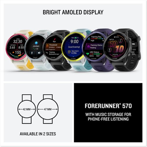 Garmin Forerunner 570 Advanced GPS Running and Triathlon Smartwatch Bundle (47 mm, Amp Yellow/Translucent Whitestone/Turquoise)