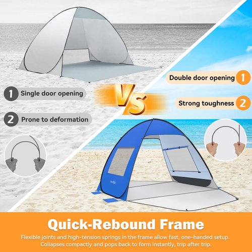 Pop Up Beach Tent UPF 50+ Shade Sun Shelter for 1-3 Persons Canopy Cabana with 2 Doors Easy Set Up Beach Umbrella(BU