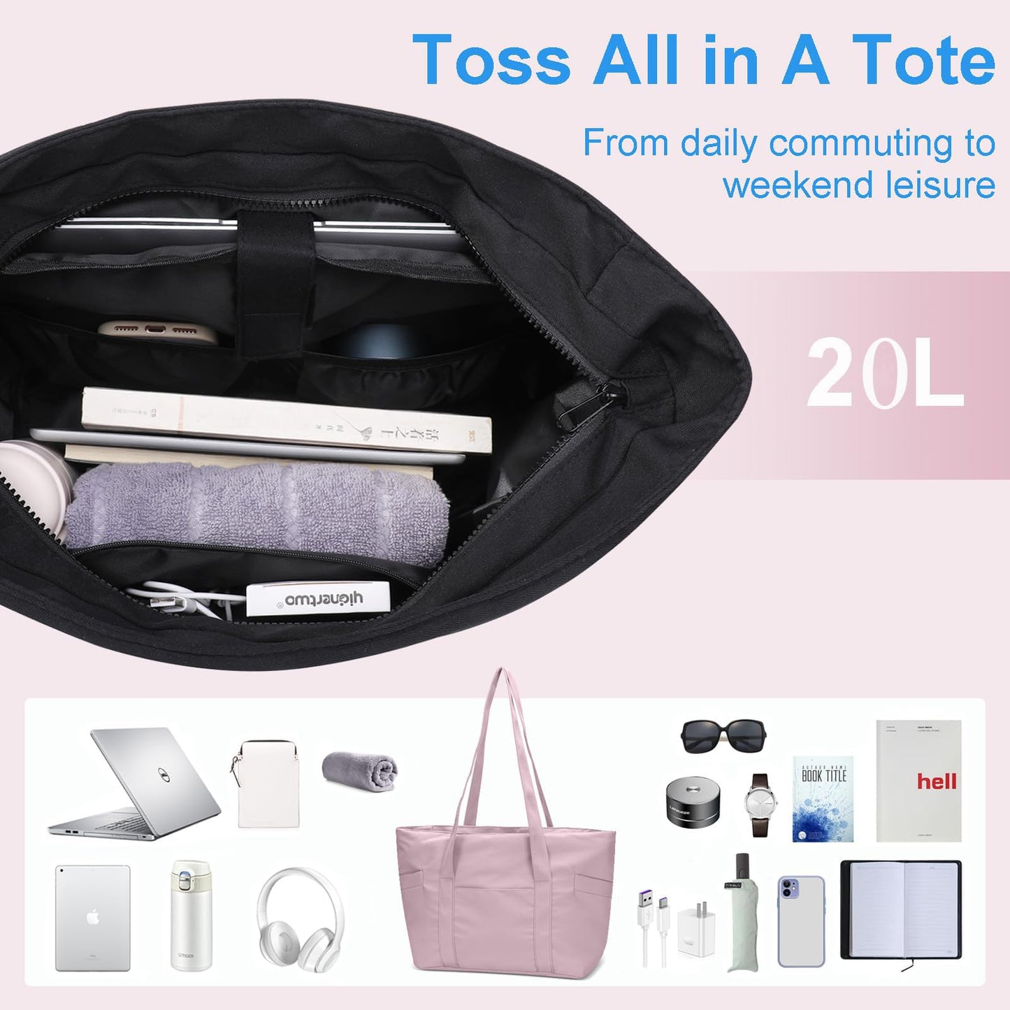 CTWWFS Large Tote Bag for Women with Zipper, Nylon Lightweight Work Tote with 15.6" Laptop Sleeve, Nurse Bag for Work College (Black)