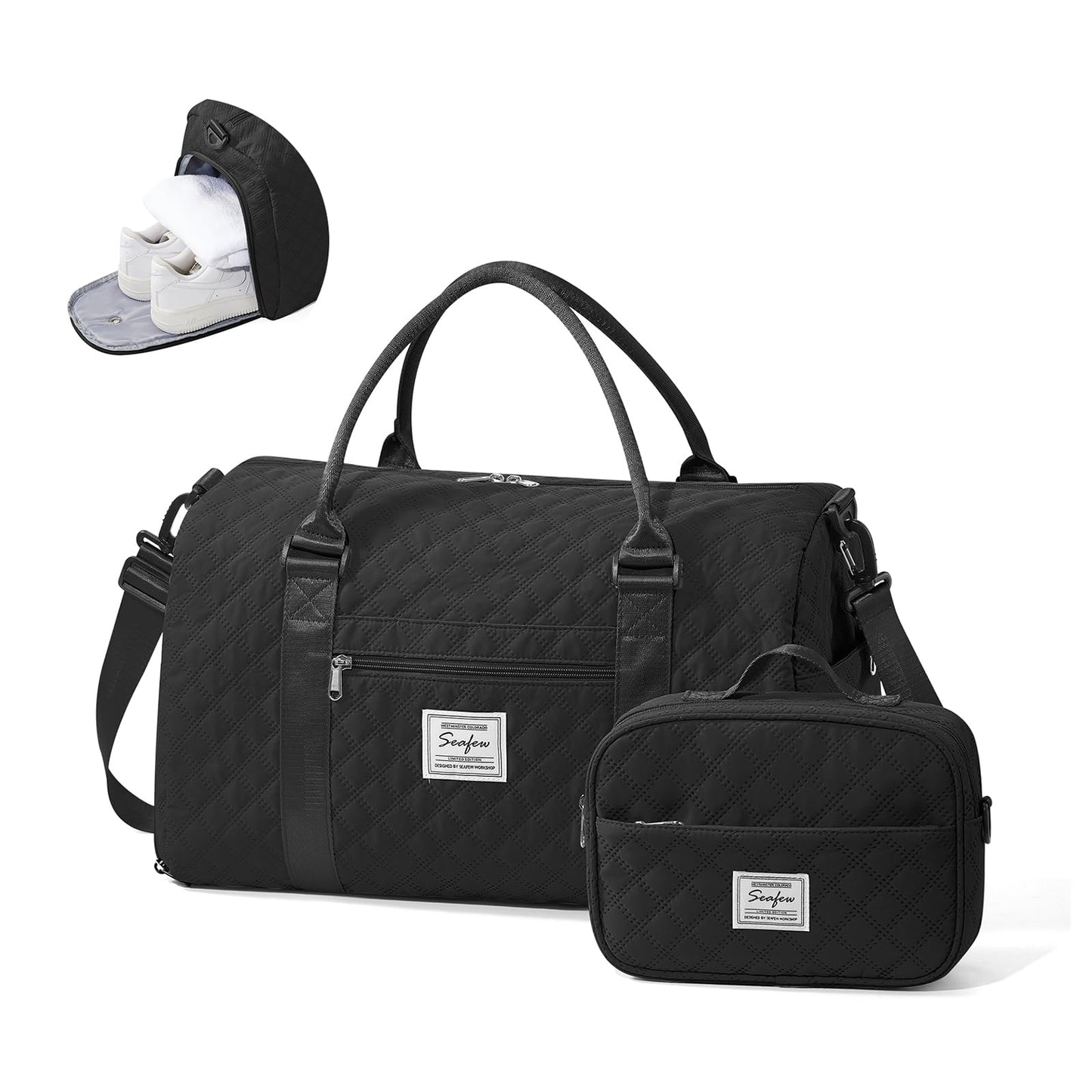 Gym Duffle Bag for Women with Shoe Compartment Waterproof Travel Tote Bags Personal Item Carry On Weekender Overnight Bags with Toiletry Bag Swimming Yoga Bags Hospital Holdalls Black