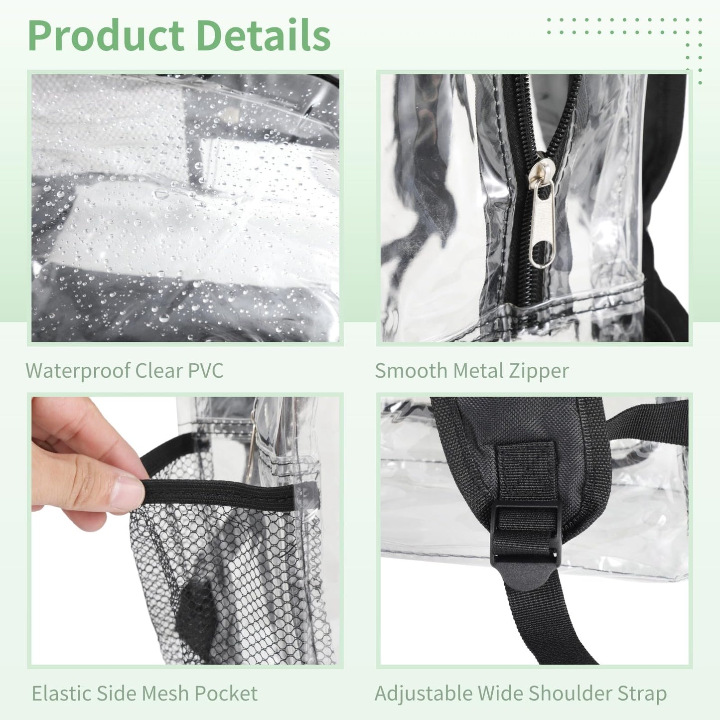 6 Pcs Clear Backpack for Stadium Events, Clear Backpack For Work, Waterproof PVC Zippered Transparent Backpack with Side Pockets, Large Capacity Backpack for Quick Security Check, 14 x 11 x 5 In