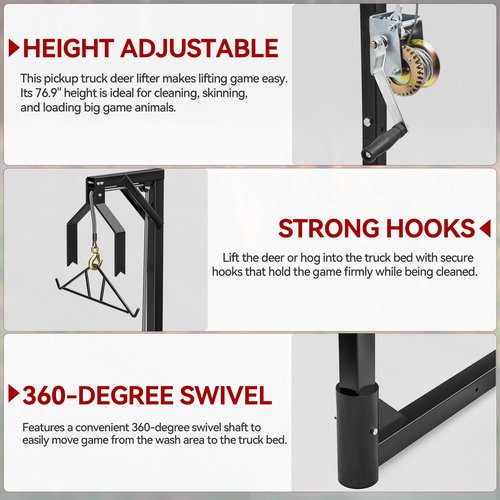 YITAMOTOR Truck Hitch Game Hoist with 2" Receiver, 500LB Game Hunting Deer Hoist, Includes Gambrel Winch for Skinning & Cleaning Game, Winch Lift Gambrel Set 360 Degree Swivel Hitch Mounted,Black