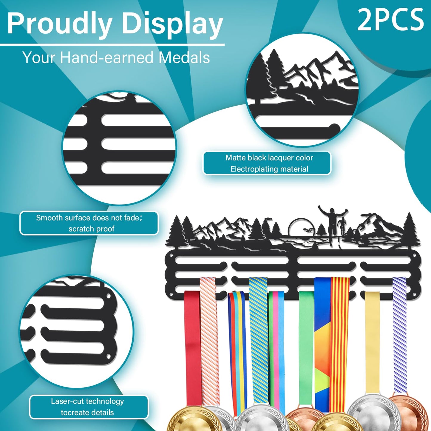 SUPERDANT 2PCS Running Medal Hanger Forest Run Medals Holder Personalised Award Black Metal Rack Wall Mount Sports Marathon Iron Holder Ribbon Display for Medal Hanging Gifts for Athlete Runners
