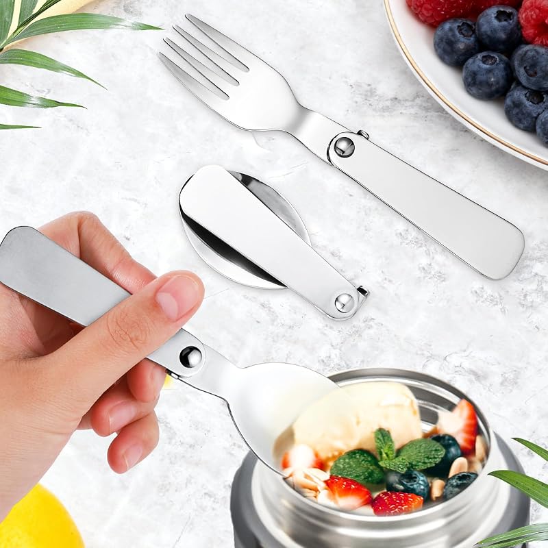 4 Colossal Folding Spoons & 4 Folding Forks for Thermos Funtainer 10oz – 8 Pcs Stainless Steel Set - Variation 8
