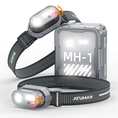 ATuMan MH1 Headlamp Rechargeable, Head lamp 2 Packs with Charging Case Intelligent Multifunctional Headlight with Red Warning Light & 7 Lighting Modes & Motion Sensor for Outdoor Camping Hiking