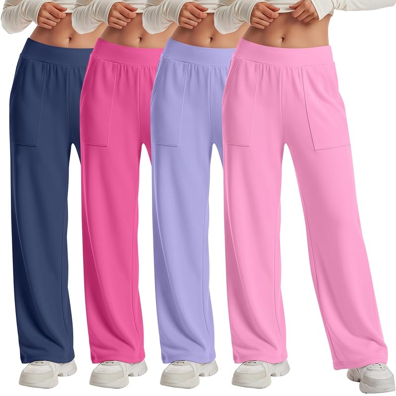 4 Pack Girls Wide Leg Lightweight Pants - Elastic Waist, Pockets, 5-14Y (Light Pink, Purple, Rose Pink, Haze Blue)