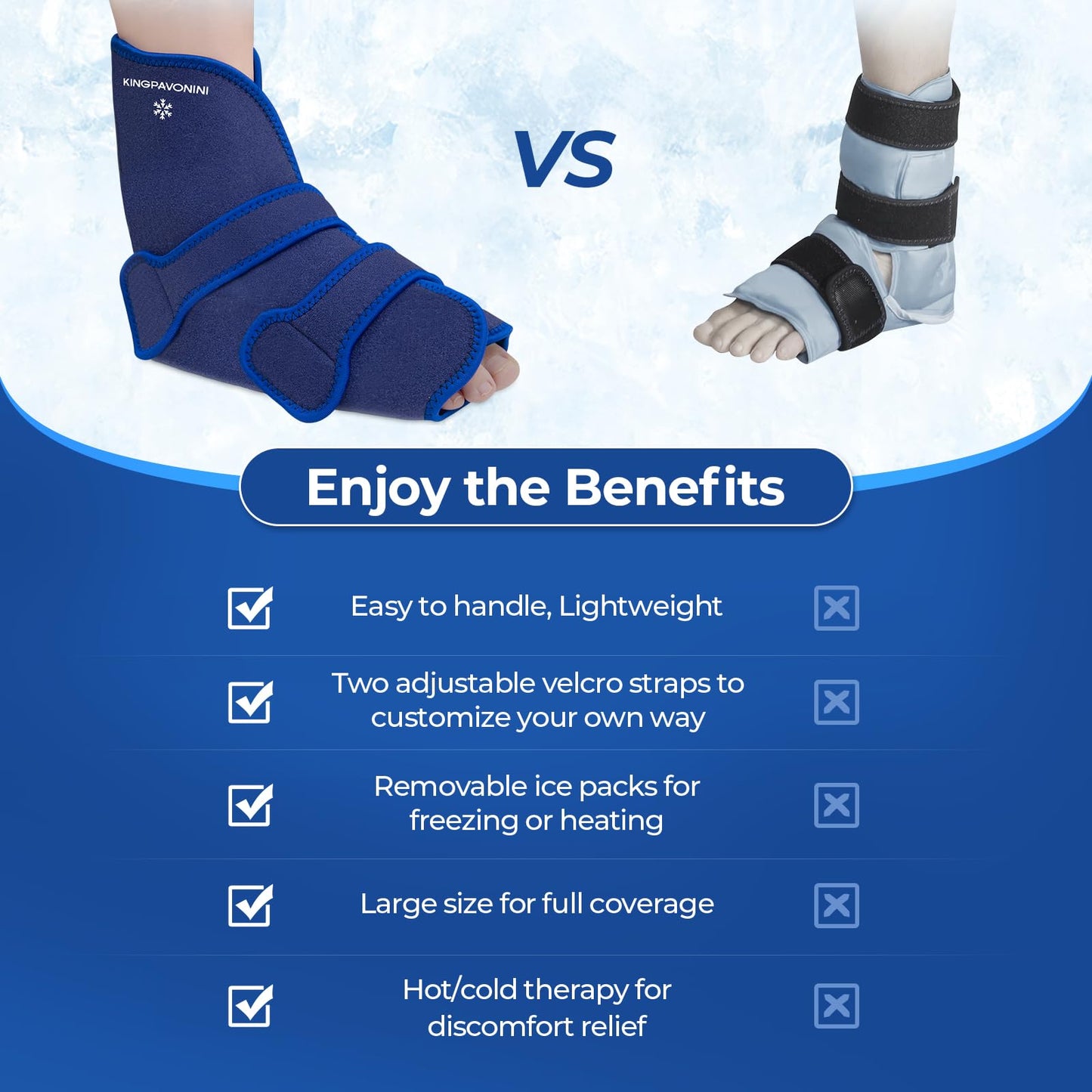 KingPavonini Ankle Foot Ice Pack Wrap for Sprained Ankle/Surgery Recovery, Reusable Gel Ice Packs for Feet Injuries, Plantar Fasciitis, Achilles Tendonitis, Hot/Cold Therapy, XL (1 Wrap+4 Gel Packs)