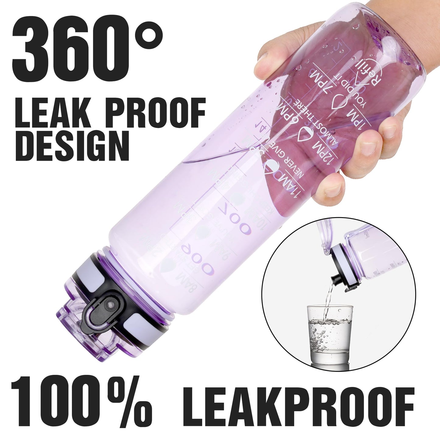 OLDLEY Water Bottle, 32oz Motivational Sports Water Bottle with Time Marker - Times to Drink - Tritan, BPA Free, Wide Mouth Leakproof,Anniversary Birthday Gifts for Men Women, Amethyst (1 Bottle)