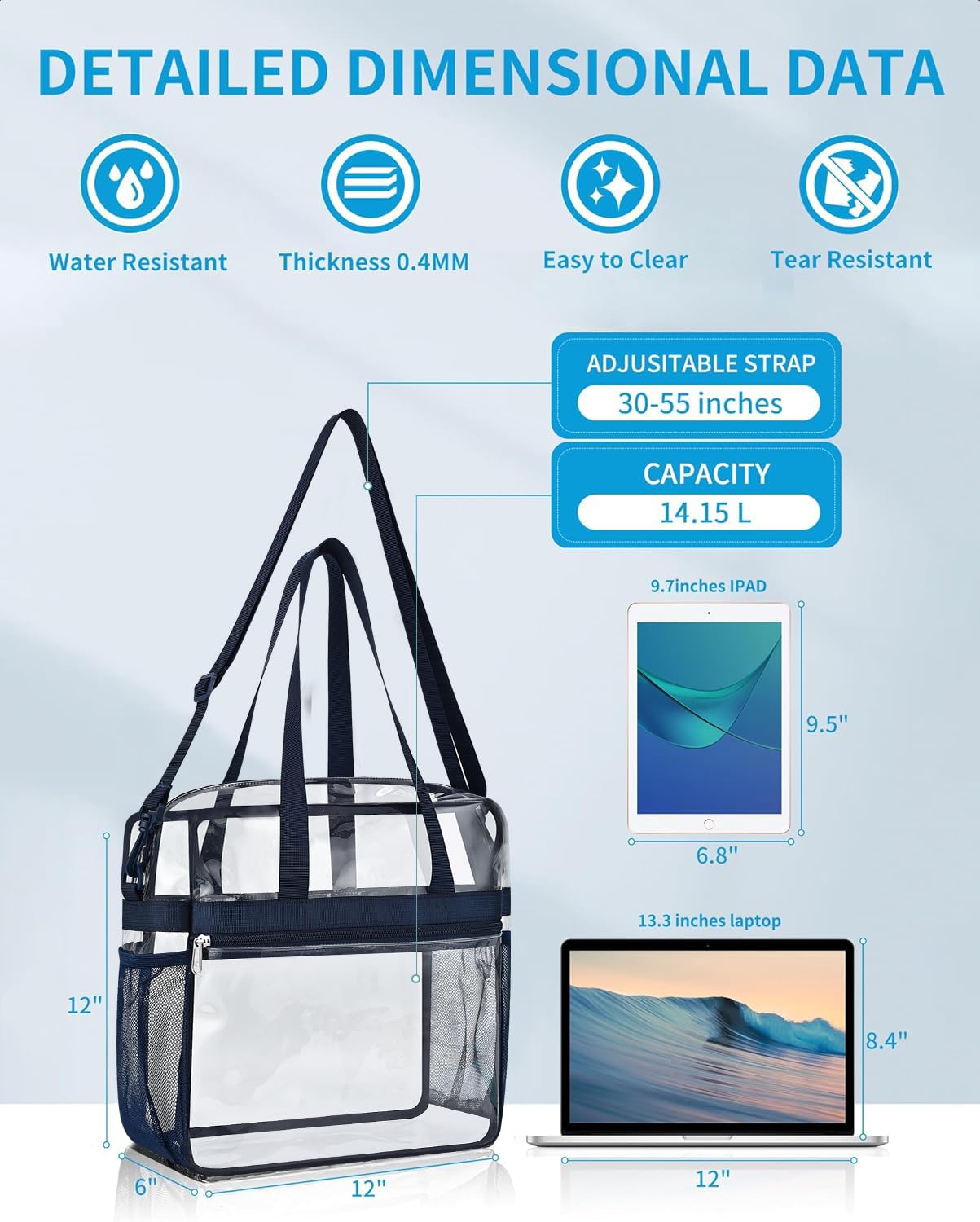 Paxiland Clear Bag for Stadium Events 12x6x12, Large Clear Tote Lunch Bag Stadium Approved with Reinforced Shoulder Straps for Concert Outfits and Festival, Transparent Handbag for Men - Navy