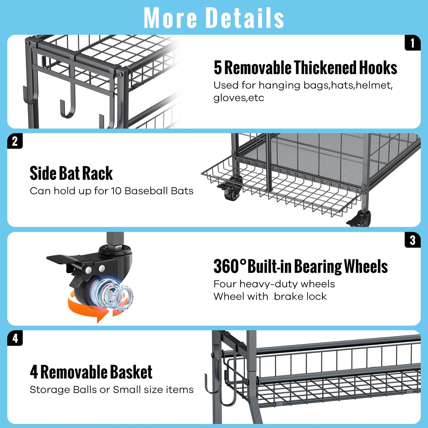 WUC Sports Equipment Garage Organizer - Garage Ball Storage Rack with Basket, Hooks and Rolling Cart for Sports Gear and Toy Storage, Grey