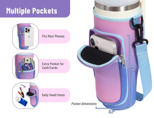 DLOCCOLD Water Bottle Carrier Bag with Phone Pocket for 40 oz Tumbler, Water Bottle Holder with Adjustable Shoulder & Handheld Strap, Carrier Sling Bag for Water Bottle Walking Camping Travelling