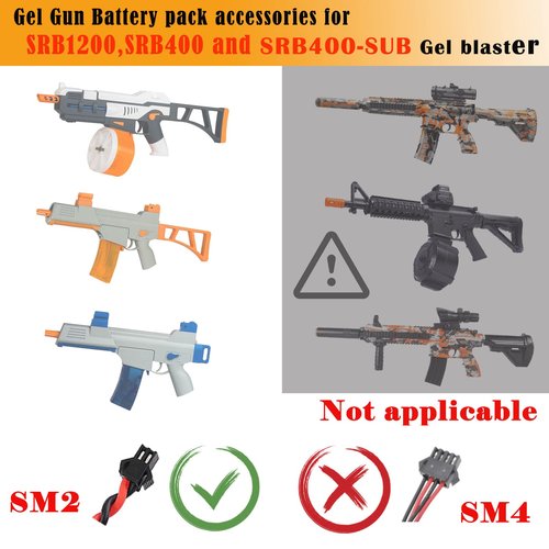 BTEDZSW 2 Pack 7.4V 2000mAh Battery Splatter Ball Gun Battery Pack Accessories for SRB1200 400 400-SUB Airsoft or Water-Gun Toy with USB Charging Cable SM2P XH-3 Plug