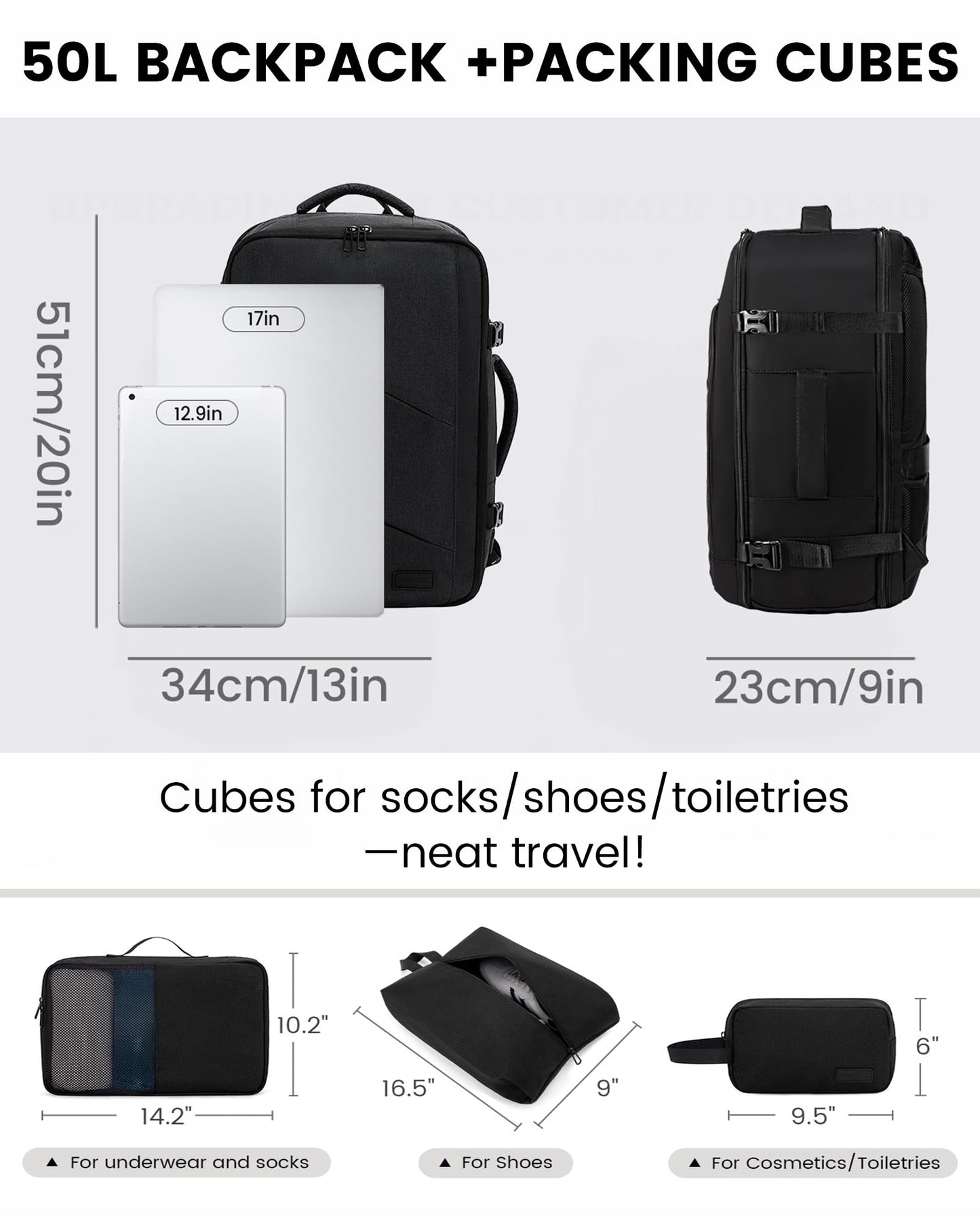 LOVEVOOK Carry on Travel Backpack, Large 40L for Men & Women Flight Approved with USB Charging Port&3 Packing Cubes, Large Suitcase Water Resistant Luggage Daypack Busi, Beige-Black