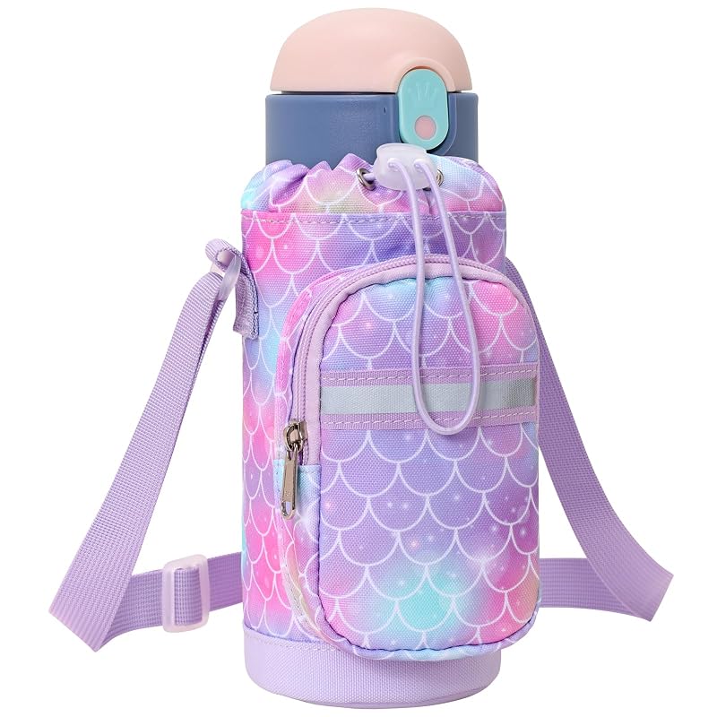 Water Bottle Holder for Kids - Adjustable Strap Carrier with Mermaid Purple Variation