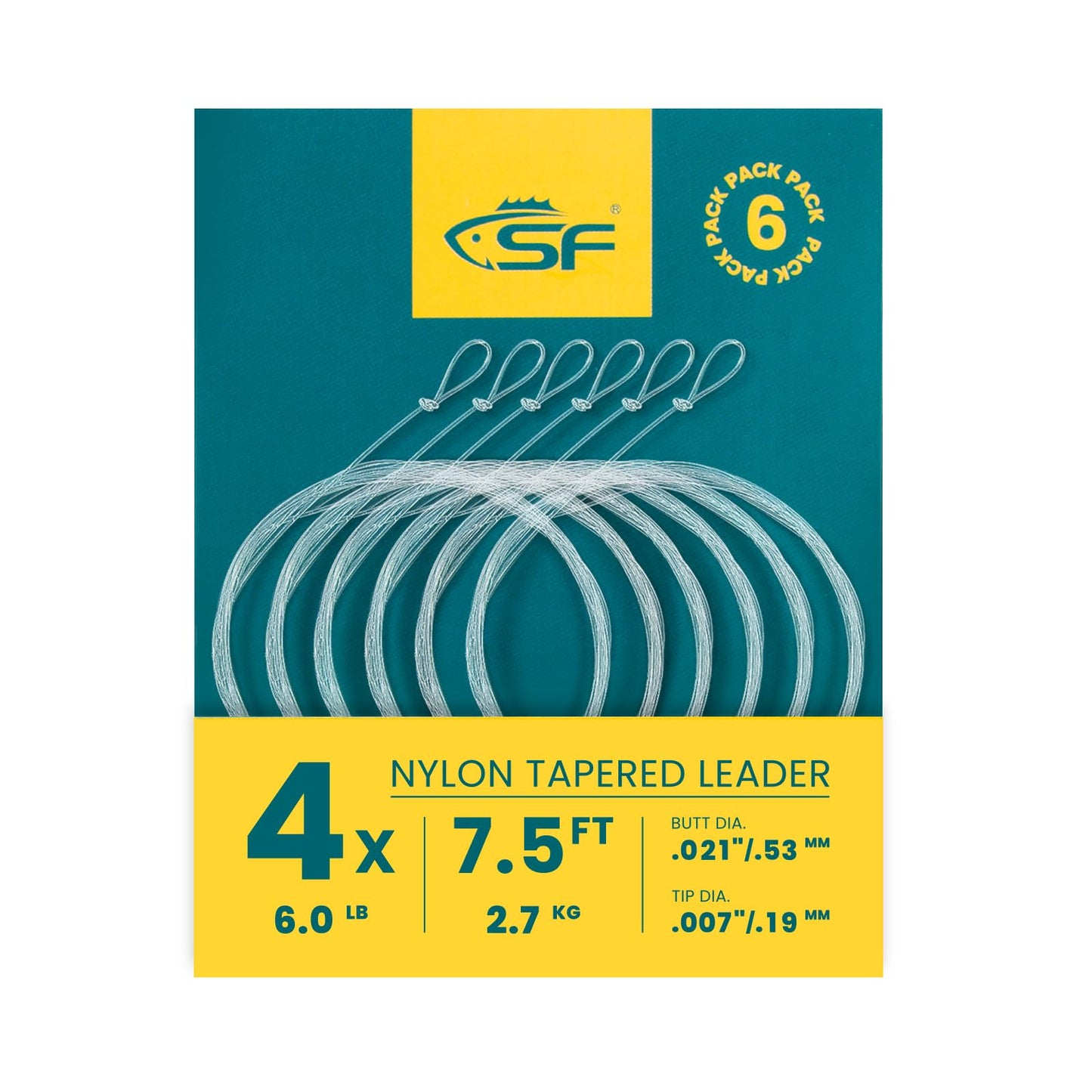 SF Pre-Tied Loop for Fly Fishing Tapered Leader Nylon (6 Packs) 7.5ft 4X