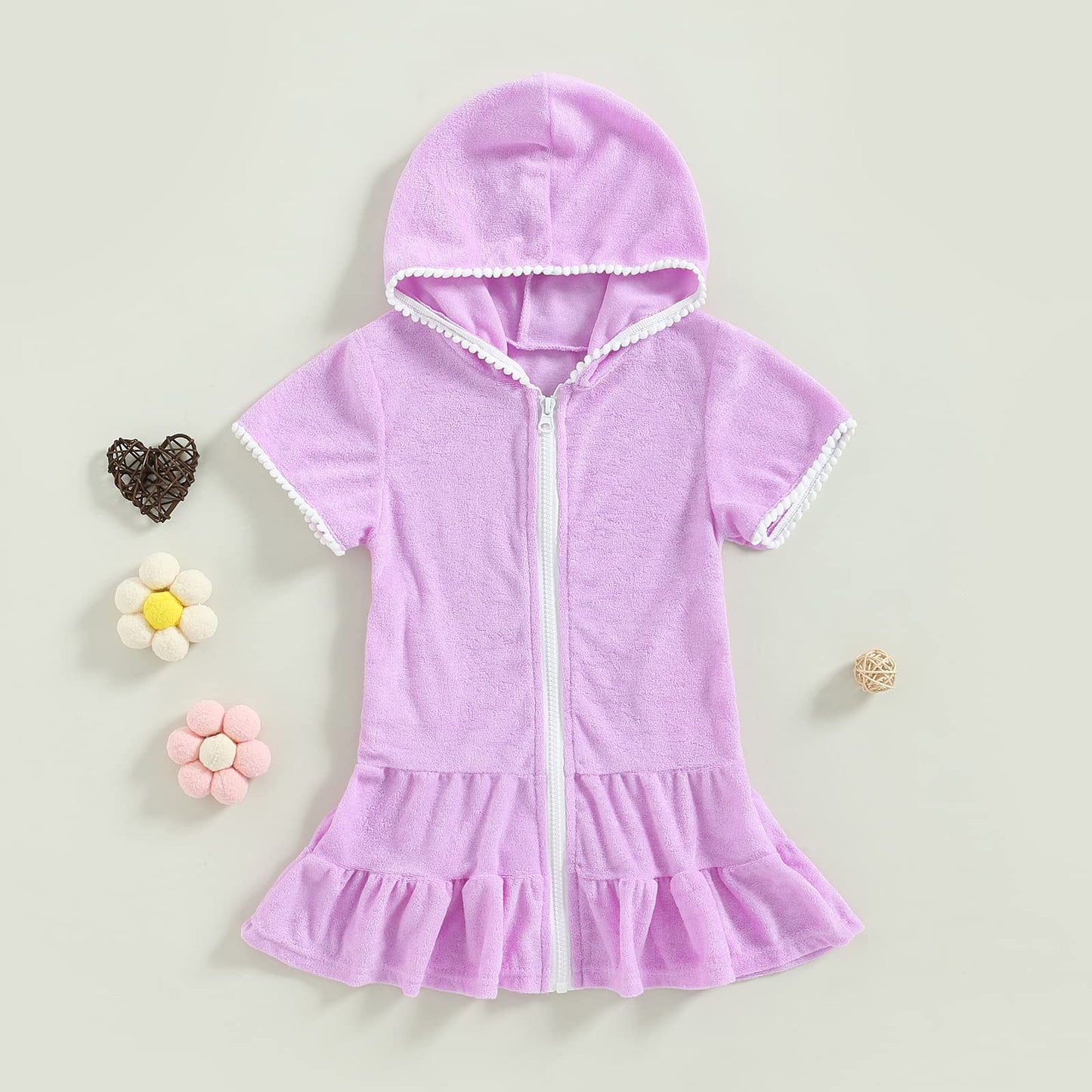 Kids Toddler Little Girl Swim Cover Up Towel Terry Swimsuit Wraps Zip Up Bathing Suit Robe Pool Beach Coverup (Purple, 6-7 Years)