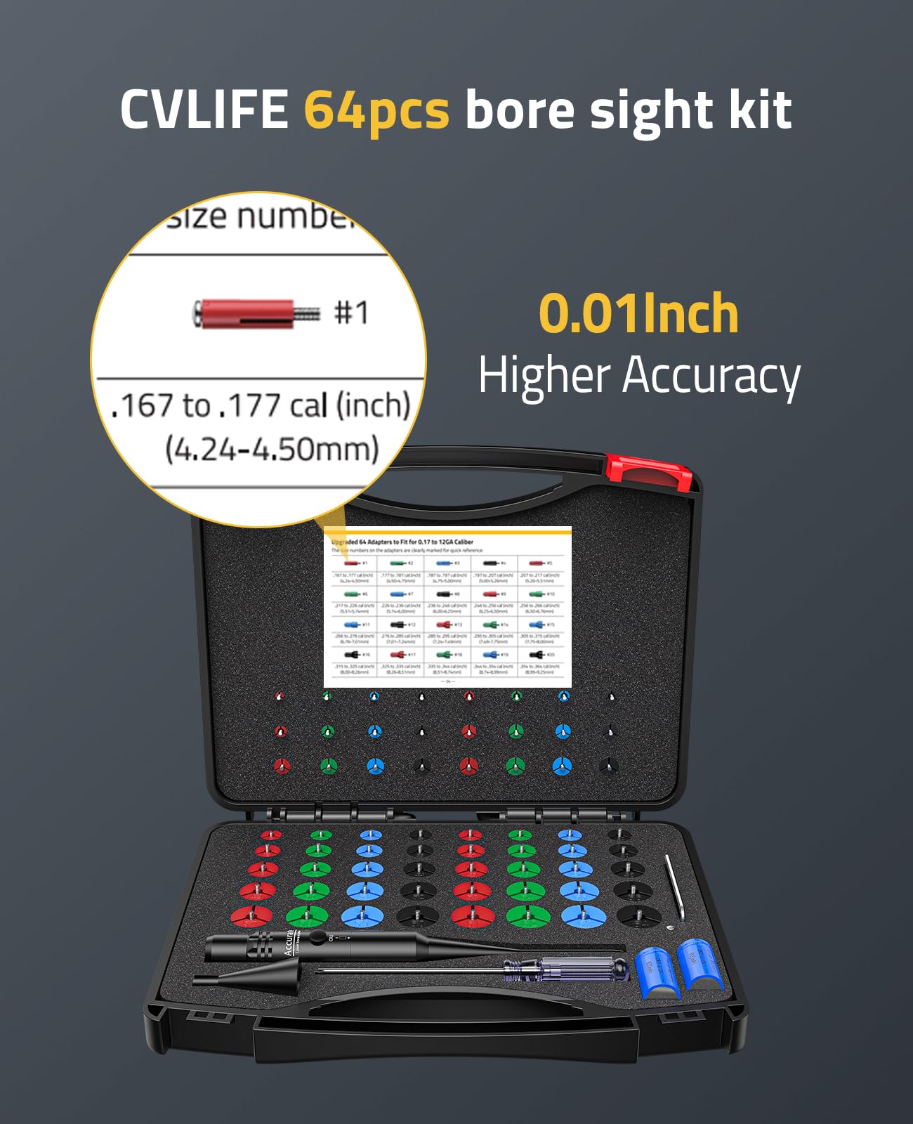 CVLIFE Bore Sight Laser Kit with 64 Adapters fit 0.17 to 12GA Calibers, Professional Green Laser Boresighter Kit for All Gun, Multiple Caliber Bore Laser Sighting Kit for Hunting Rifle Pistol Handgun