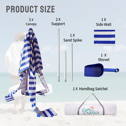 CROWN SHADES Beach Cabana 6.5 x 6.5, Umbrella Canopy Tent Easy Pop Up - Beach Cabanas for Sand - UPF50+ Protection with Sidewall and More Pockets, Navy Blue