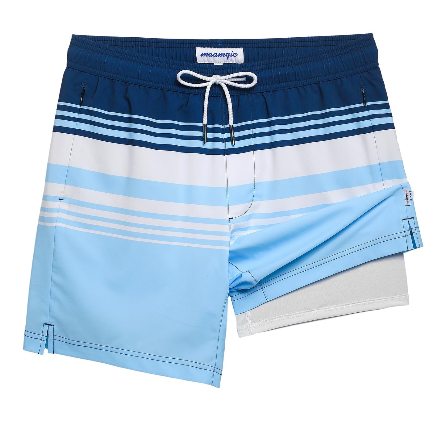 maamgic 2 in 1 Mens Swim Trunks 7 Inch Swim Shorts Swim Suits Board Shorts Blue White Horizontal Stripe XL