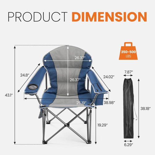 Sweetcrispy Camping Folding Chair, Heavy Duty Support - Foldable Padded Seat with Side Pockets, Cup Holder & Insulated Cooler Bag for Camping, Beach, Fishing, Outdoor Events, Bluegrey