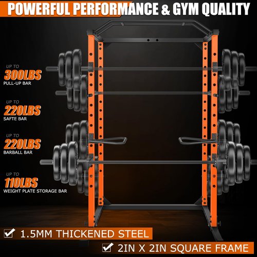 OPPSDECOR Power Cage Squat Rack, Multi-Functional Power Rack with Cable Pulley System, Pull Up Bar, J-Hooks and More Training Attachment, Heavy-Duty Weight Workout Cage for Home Gym (Orange)