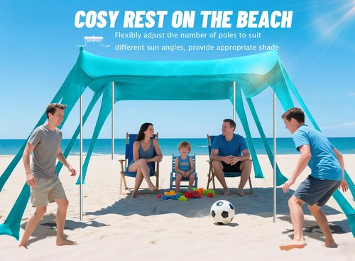 Vilupvie Beach Tent Sun Shelter Sunshade 11x11FT, UPF50+ Beach Canopy Tent Sun Shade with 8 Sandbags & 4 Stability Poles, Outdoor Shade Beach Canopy for Camping, Fishing, Backyard, Picnics (Turquoise)