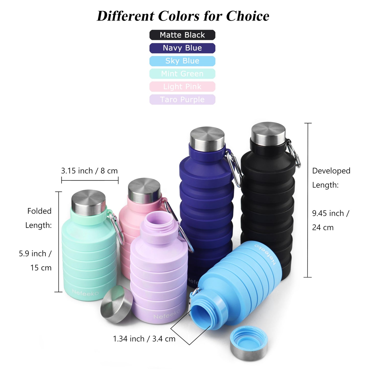 Nefeeko Collapsible Water Bottle, 27oz Reuseable BPA Free Silicone Foldable Portable Leak Proof Sports Water Bottle with Carabiner for Travel Gym Camping Hiking